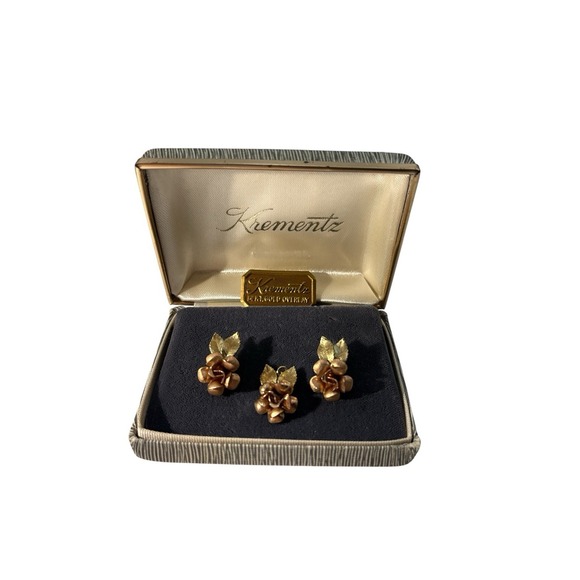 Krementz Jewelry - Vintage Krementz 14 KT Gold Overlay Rose Screw Back Earring Necklace Pendant Set